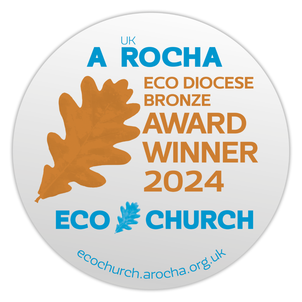 A picture of the Eco Diocese award badge which has a white background, with a picture of an orange leaf and the text "A Rocha UK Eco Diocese Award Winner 2024 Eco Church"