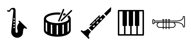 Black and white icons of instruments. Saxophone, drums, clarinet, piano keys and trumpet.